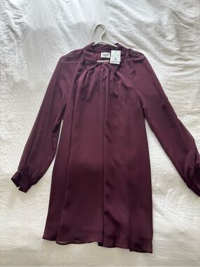 Claudie Pierlot Burgundy Long-Sleeve Mini Dress with Tie Neck